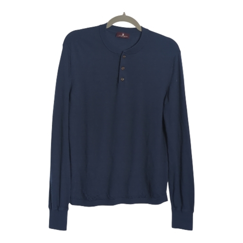 Bruno Magli Medium 100% Merino Wool Navy Blue Henley Sweater Capsule Wardrobe